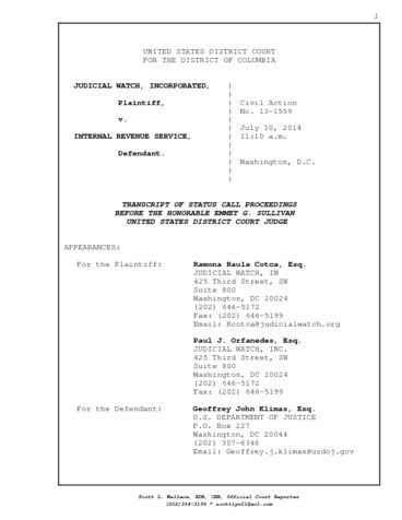 Page 1: Judicial Watch v IRS SC Complete Transcript – 7/10/14