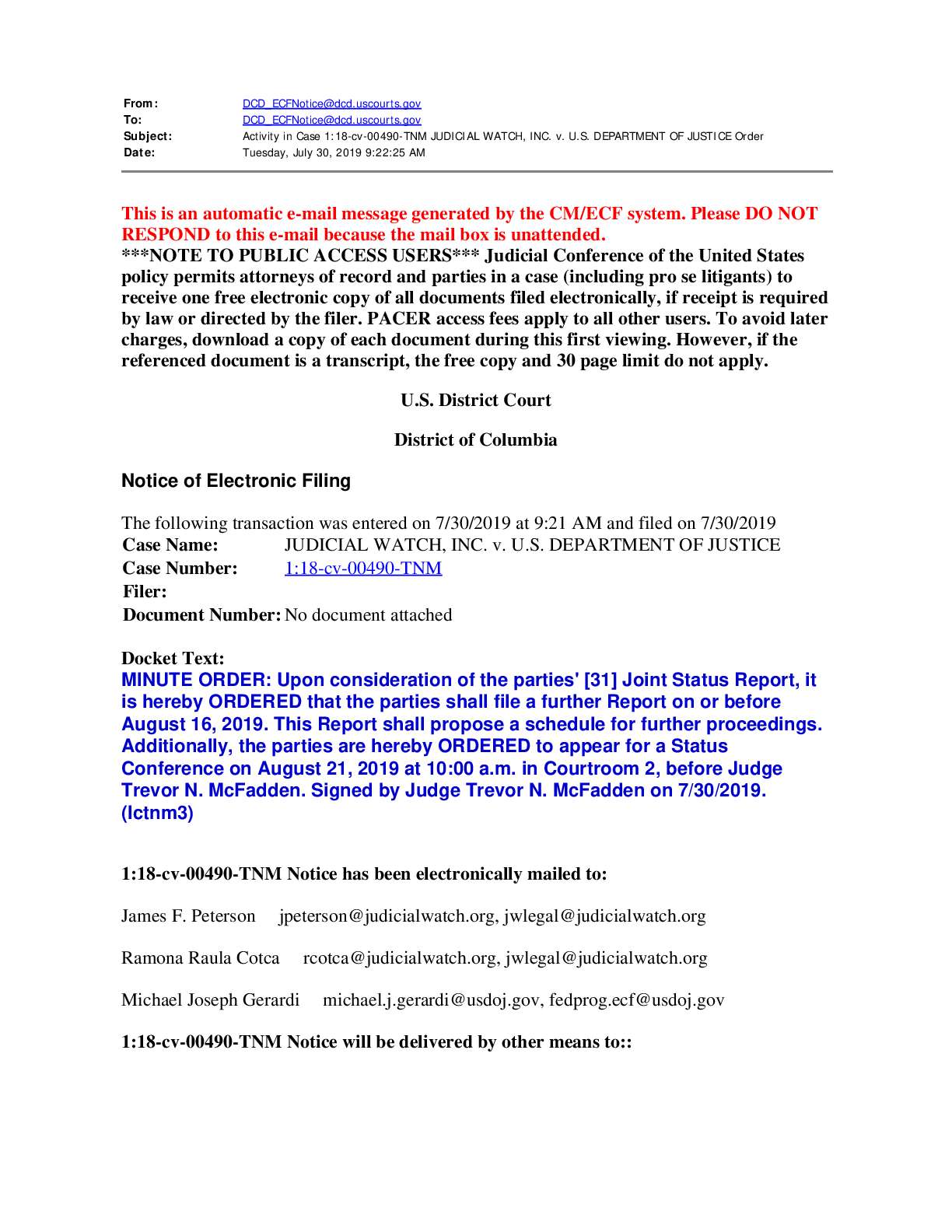 JW v DOJ Ohr Steele Hearing Order 00490