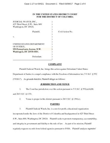 Page 1: JW v. DOJ Clinton Lynch meeting complaint 00421