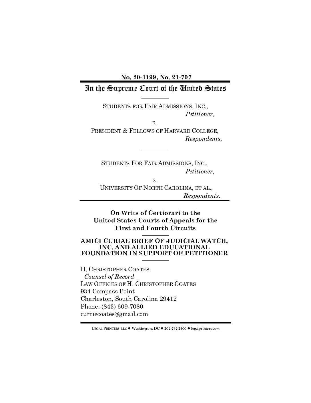 Students for Fair Admissions v. Harvard Amicus Judicial Watch