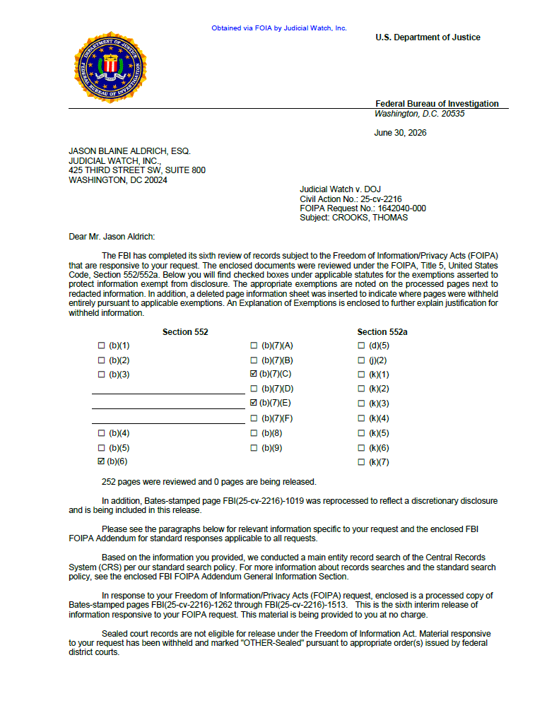JW v DOJ Thomas Crooks records prod 6 02216