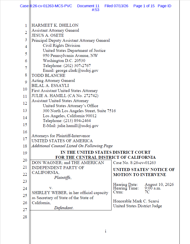 Wagner v Weber CA NVRA Motion to Intervene 01263