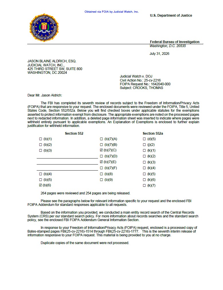JW v FBI Crooks records prod 7 259 02216