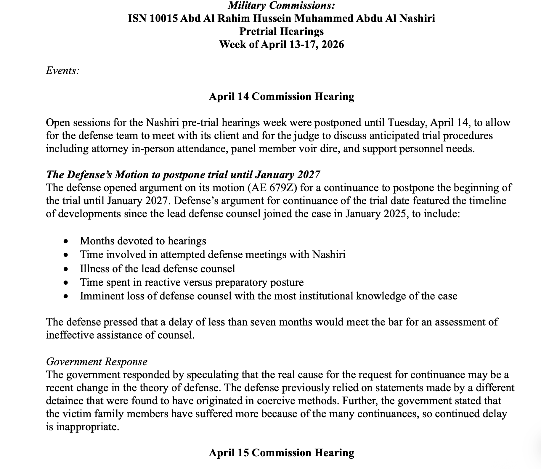 Al Nashiri Pre-Trial Hearing from April 13-17, 2026