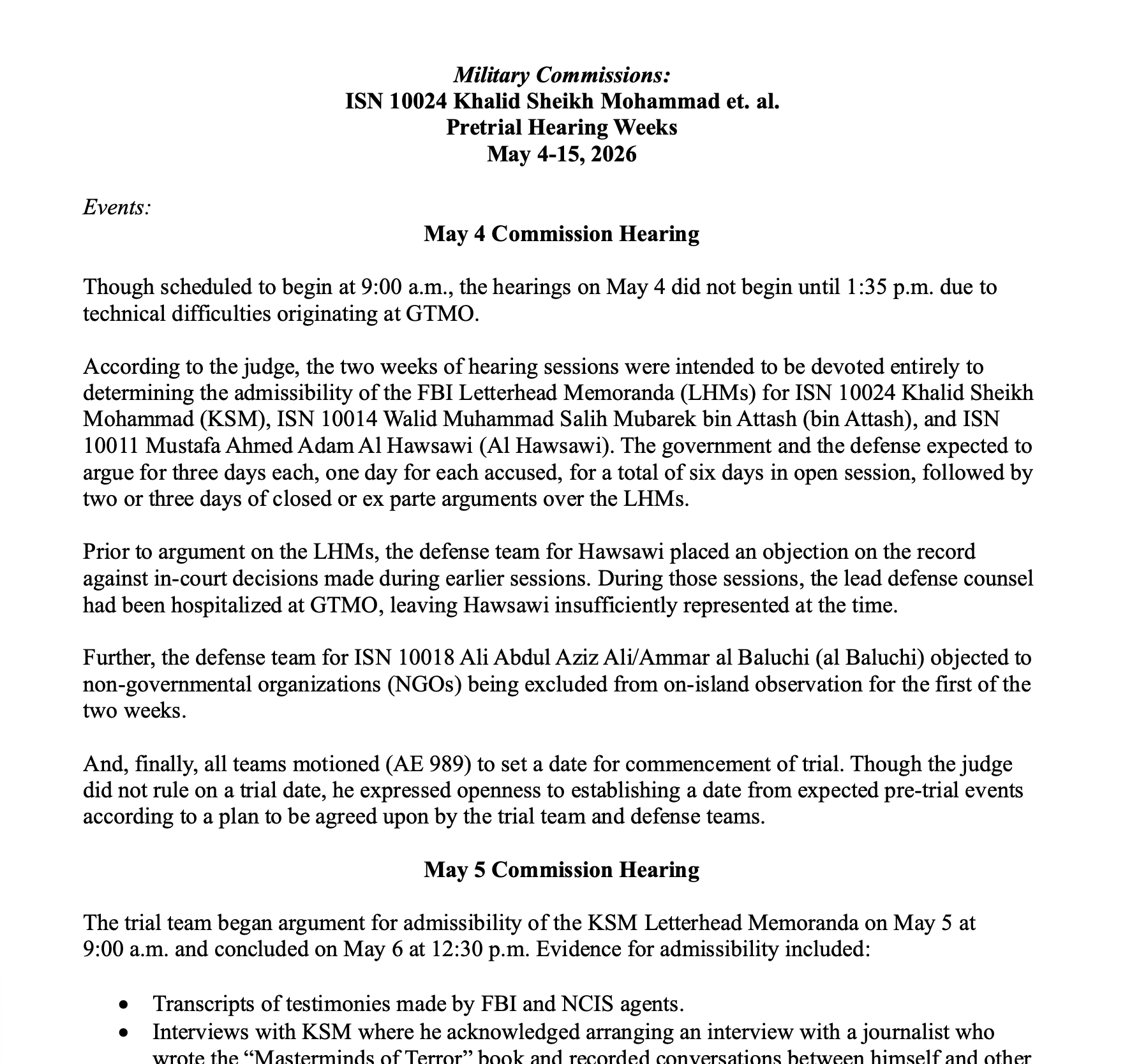 KSM, et al., Pre-Trial Hearings from May 4–15, 2026. 