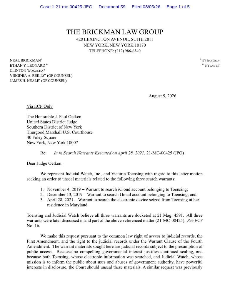 Toensing Motion to Unseal August 2026