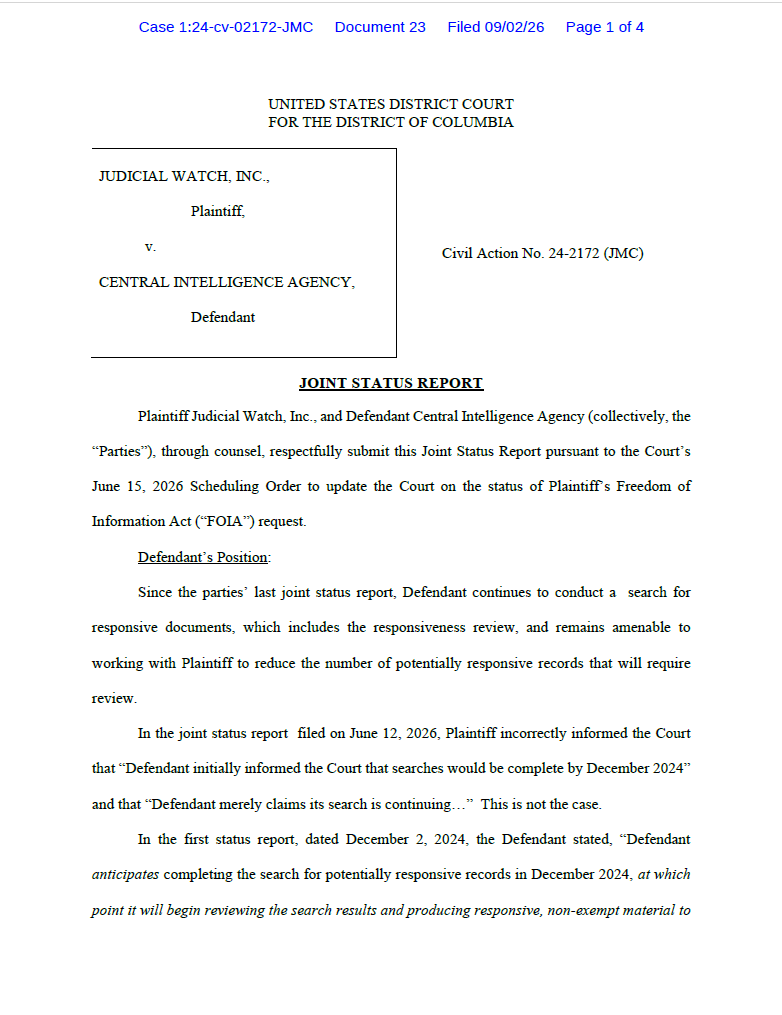 JW v CIA J6 records joint status report 02172