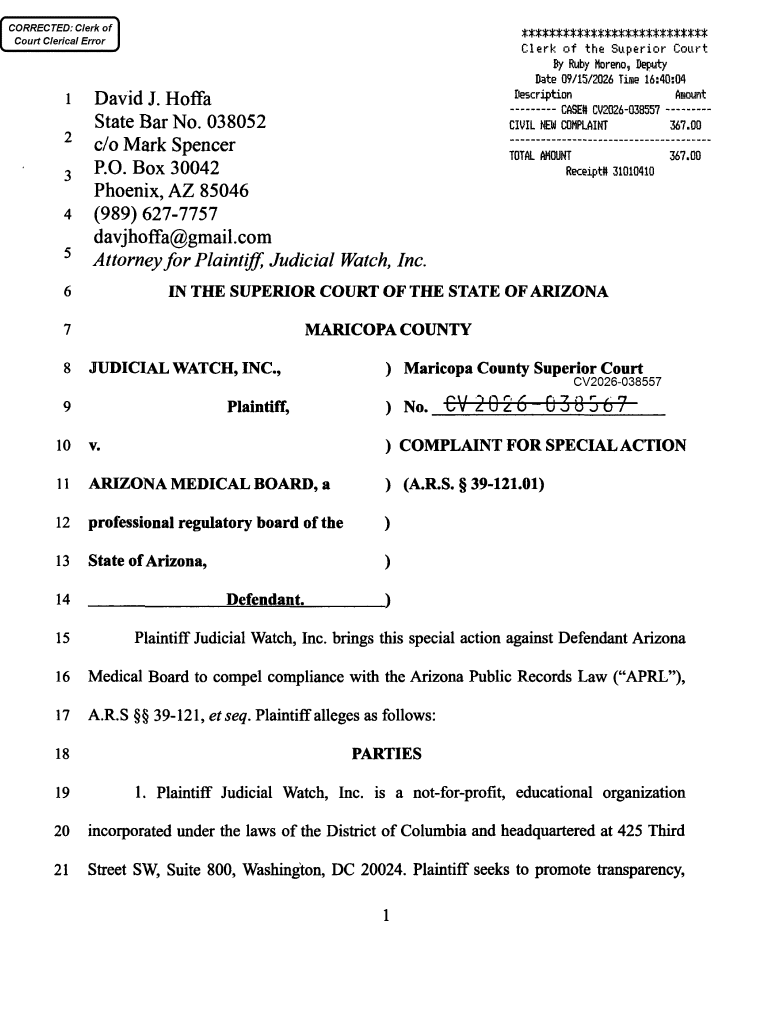 JW v. Arizona Medical Board complaint 038557