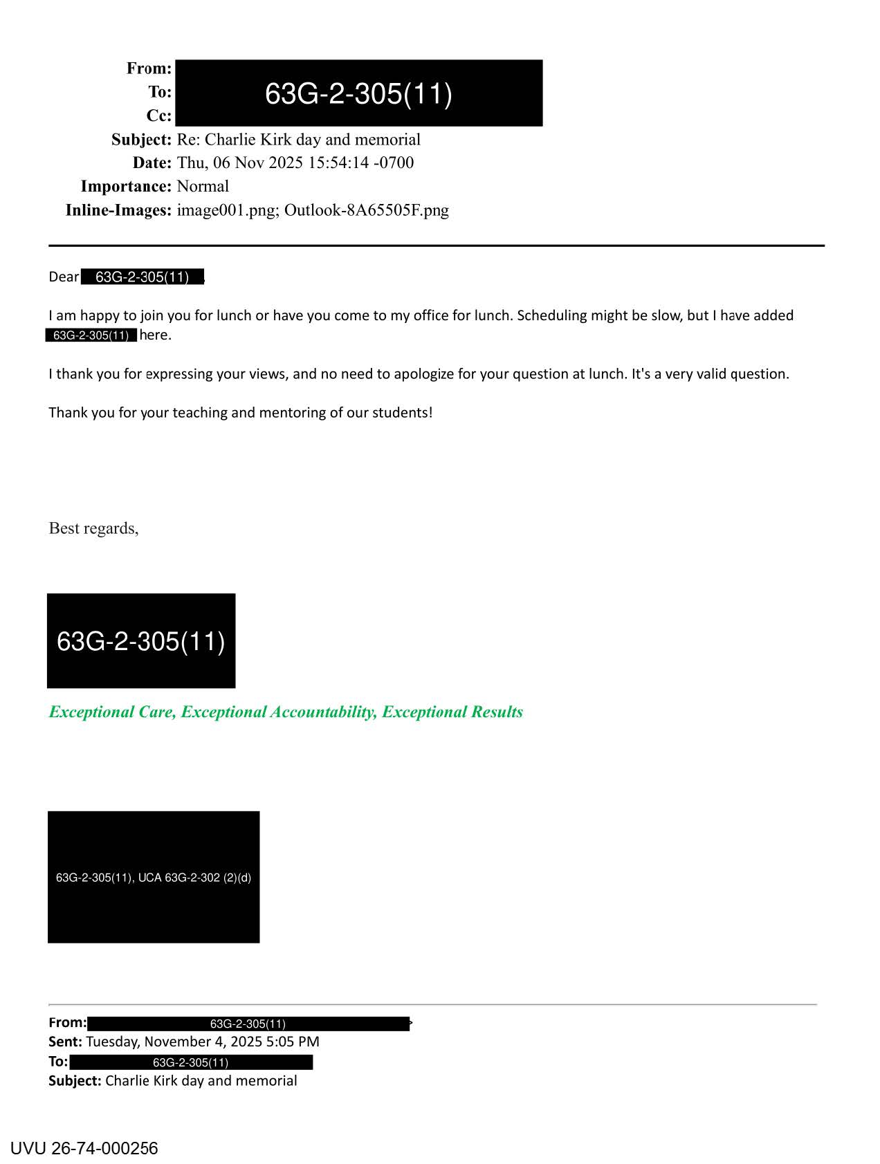 Utah Valley Univ Charlie Kirk records prod 3 2026 pgs 121-122