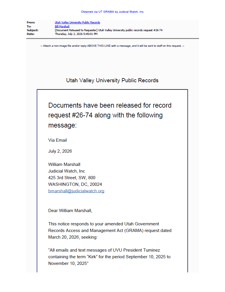 Utah Valley Univ Charlie Kirk records prod 3 2026