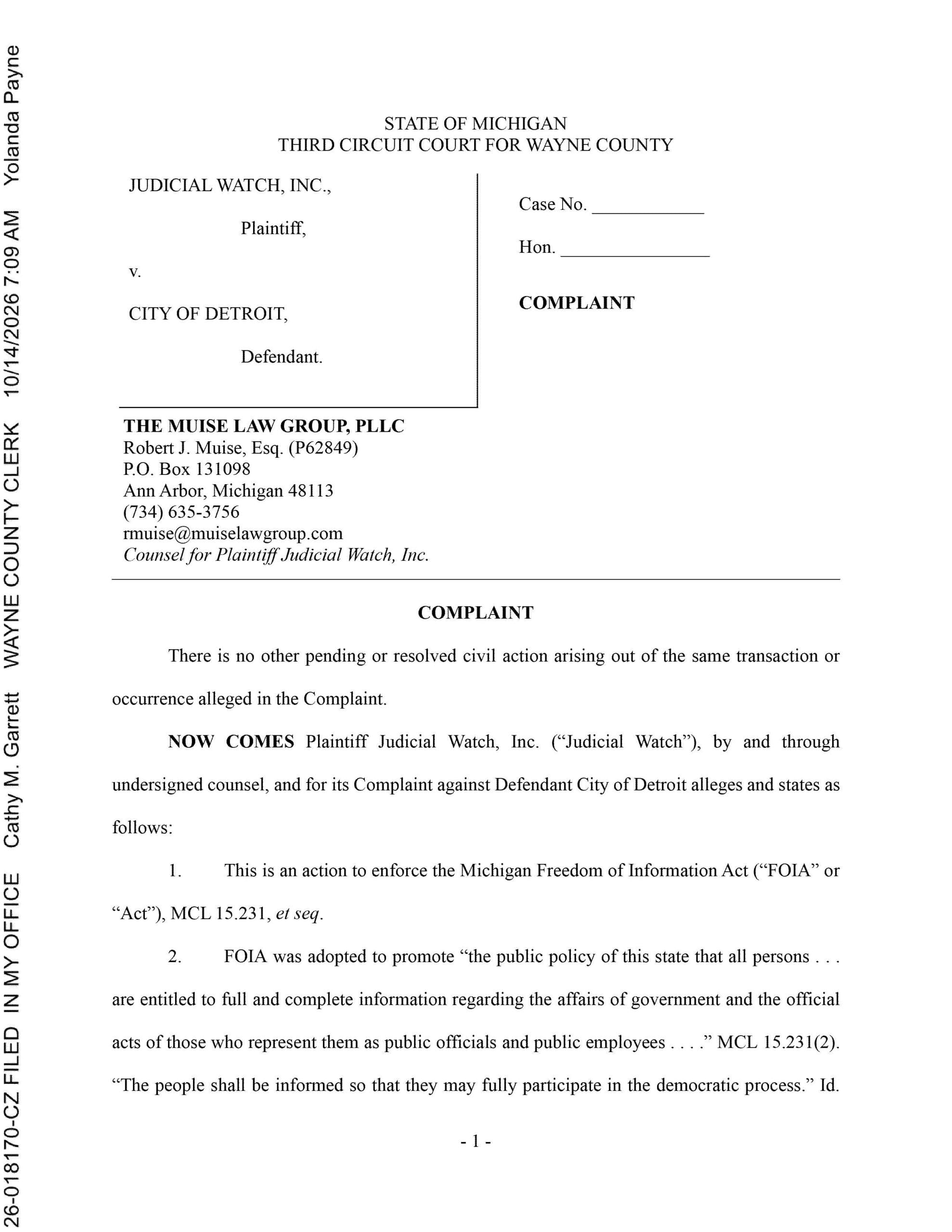 JW v Detroit MI Dead Dogs complaint 26-018170