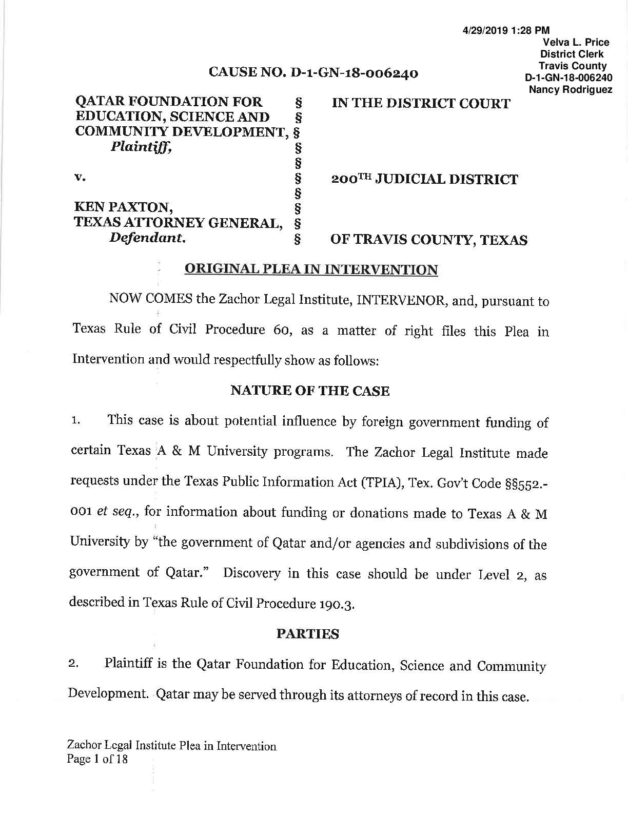 Qatar Foundation v Paxton Intervenor 006240