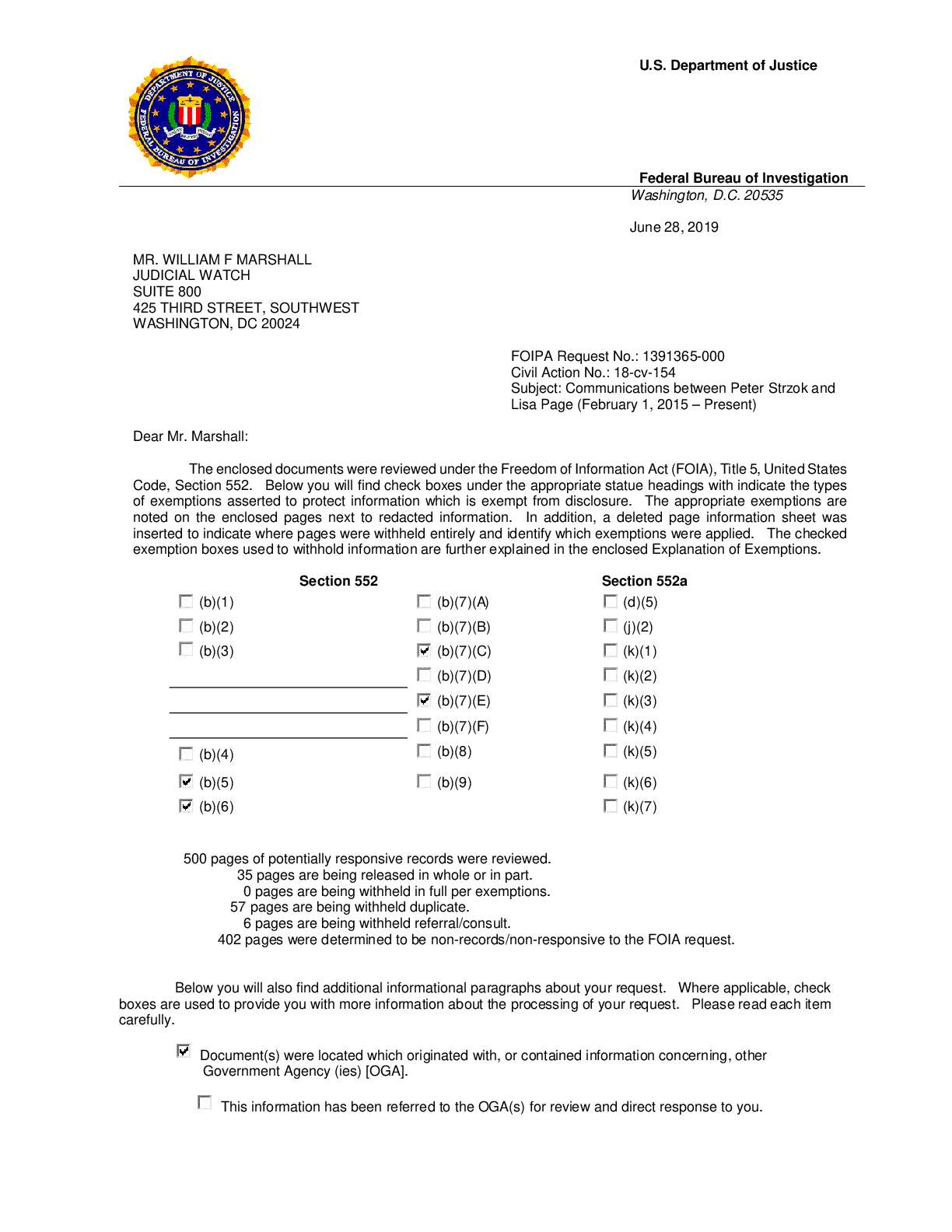 JW v DOJ Strzok Page production 13 00154