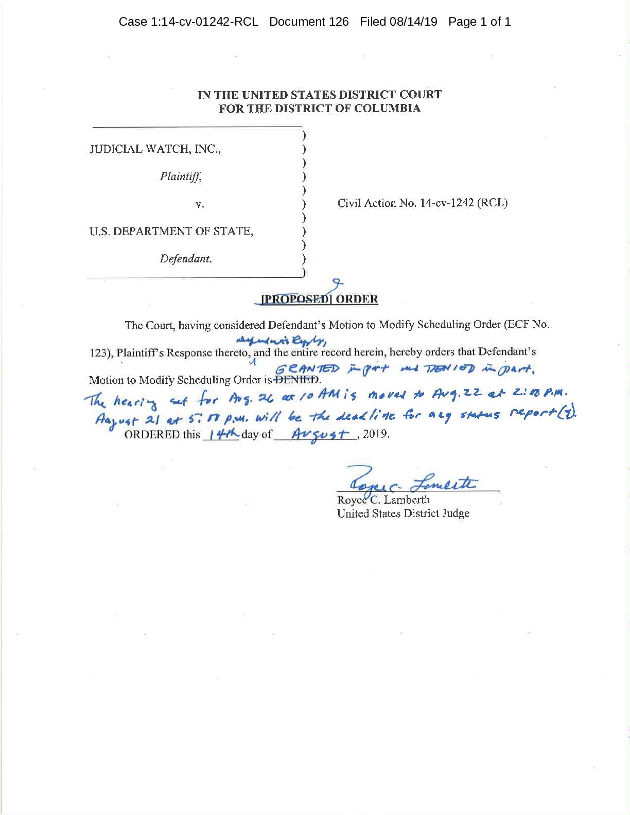 JW v State Clinton emails hearing order 01242