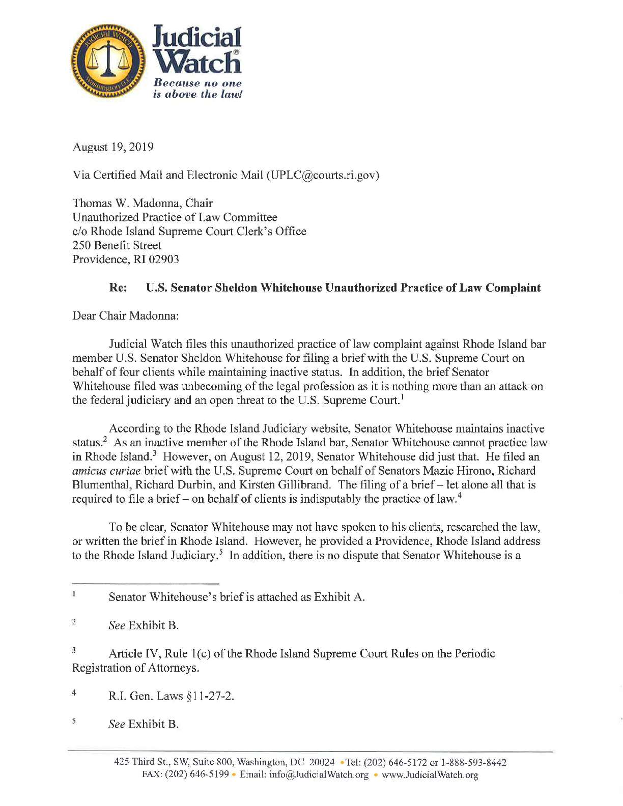 Bar Complaint Senator Whitehouse 08 2019