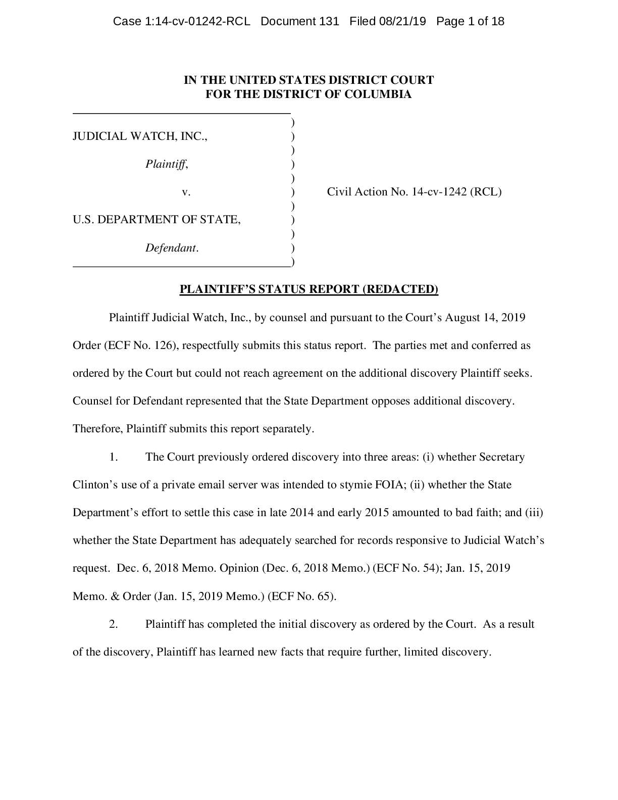 JW v State August 2019 Status Report 01242