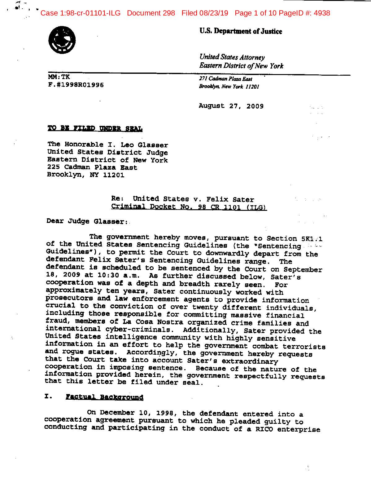 Aug 2009 US Attorney Letter to Glassner on Sater