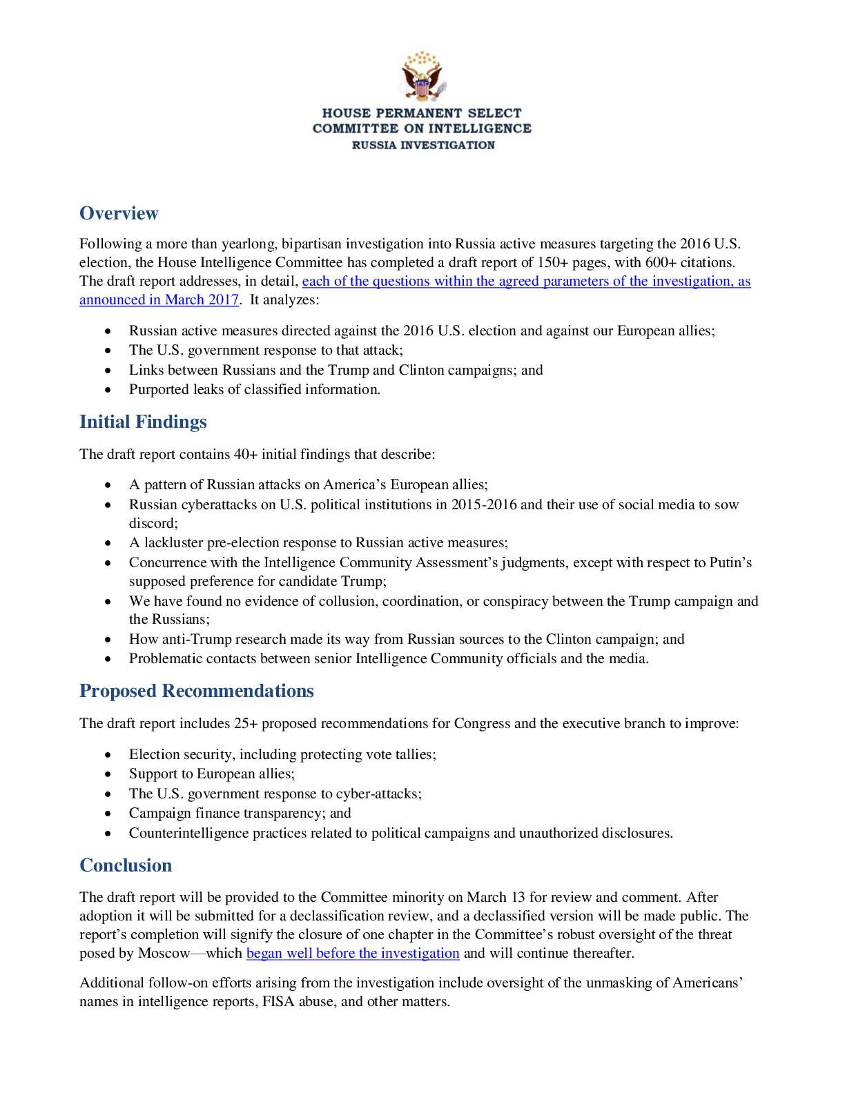 HPSCI Russia Investigation One Page Summary