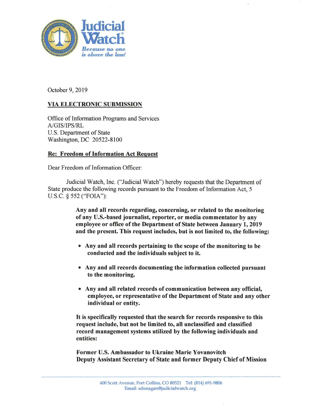 Ukraine monitoring FOIA request October 2019