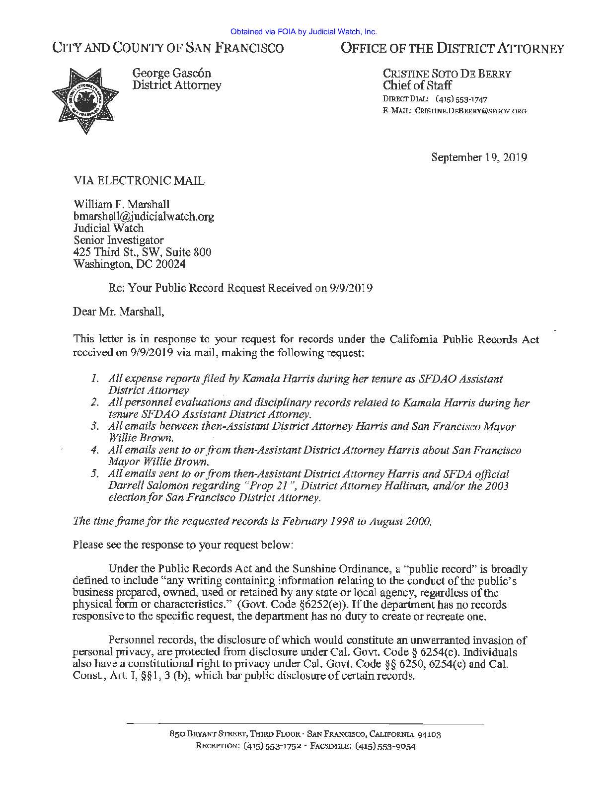 Kamala Harris personnel records-public records request