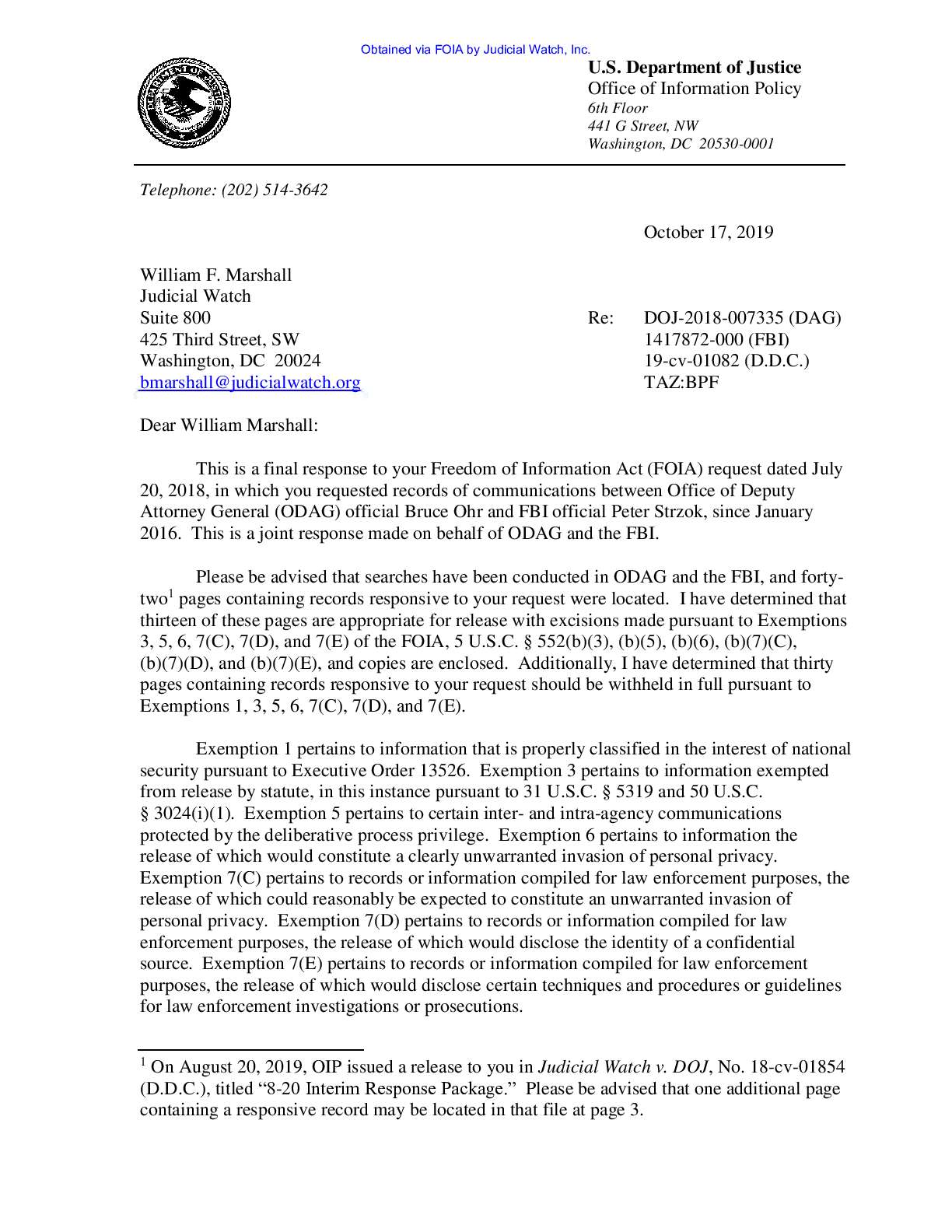 JW v DOJ Strzok Ohr prod 1 01082