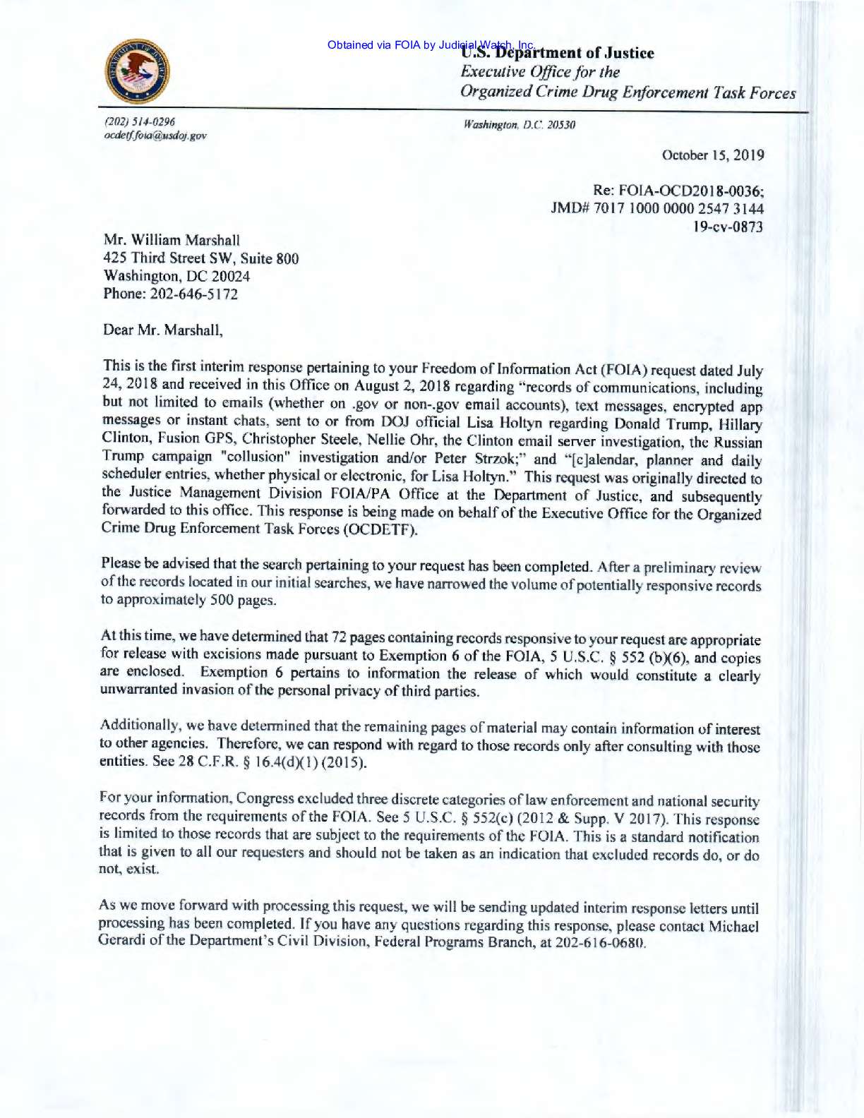 JW v DOJ Lisa Holtyn records Prod 1 00873