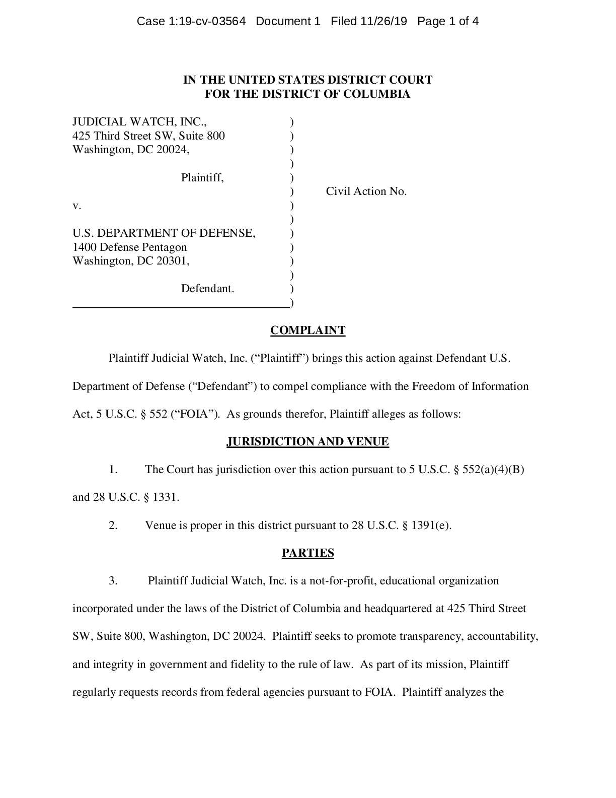 JW v DOD Baker Ignatius Complaint 03564