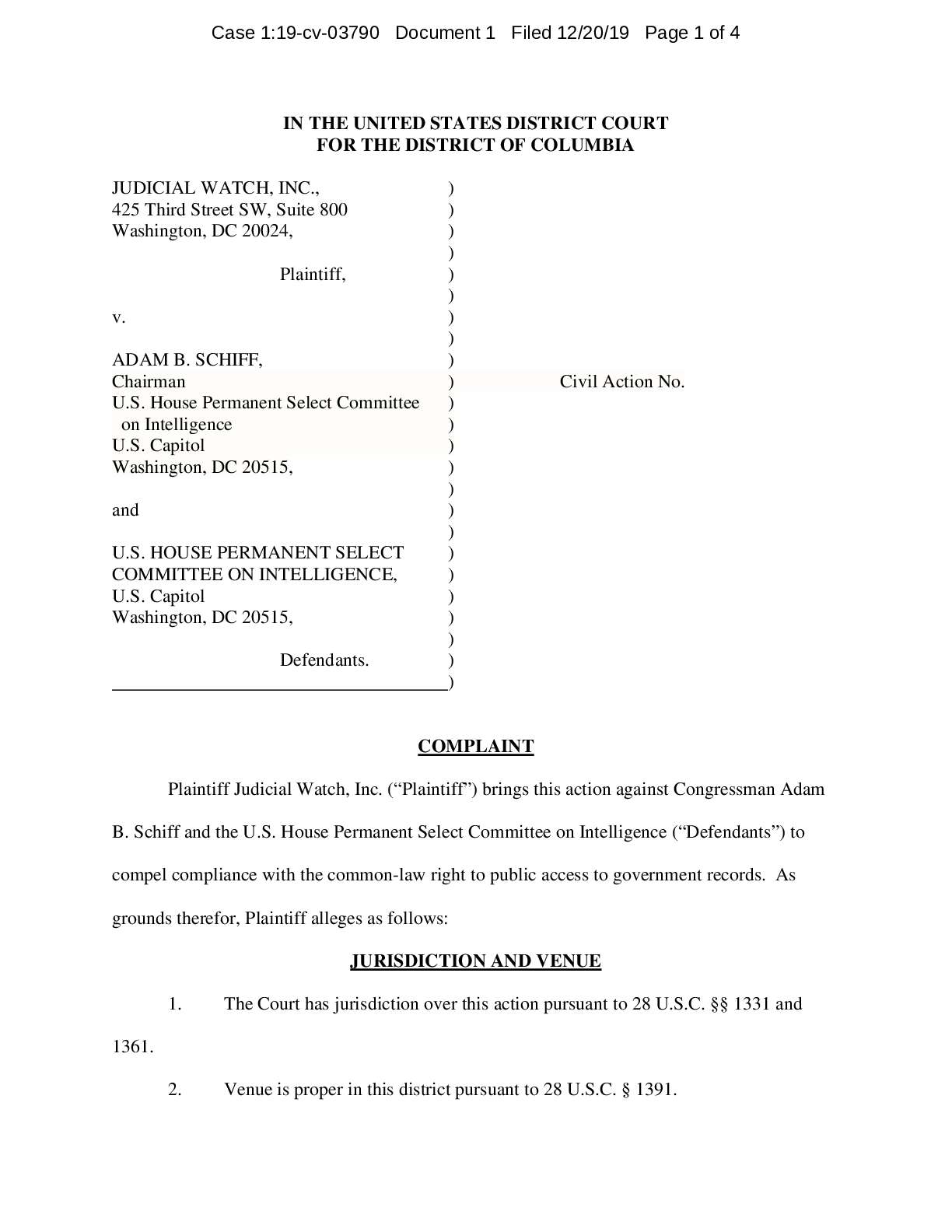 JW v Schiff subpoenas and comms complaint 03790