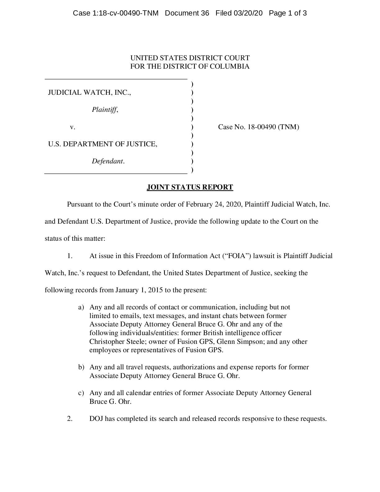 JW v DOJ Bruce Ohr FOIA March 2020 Status Report 0...