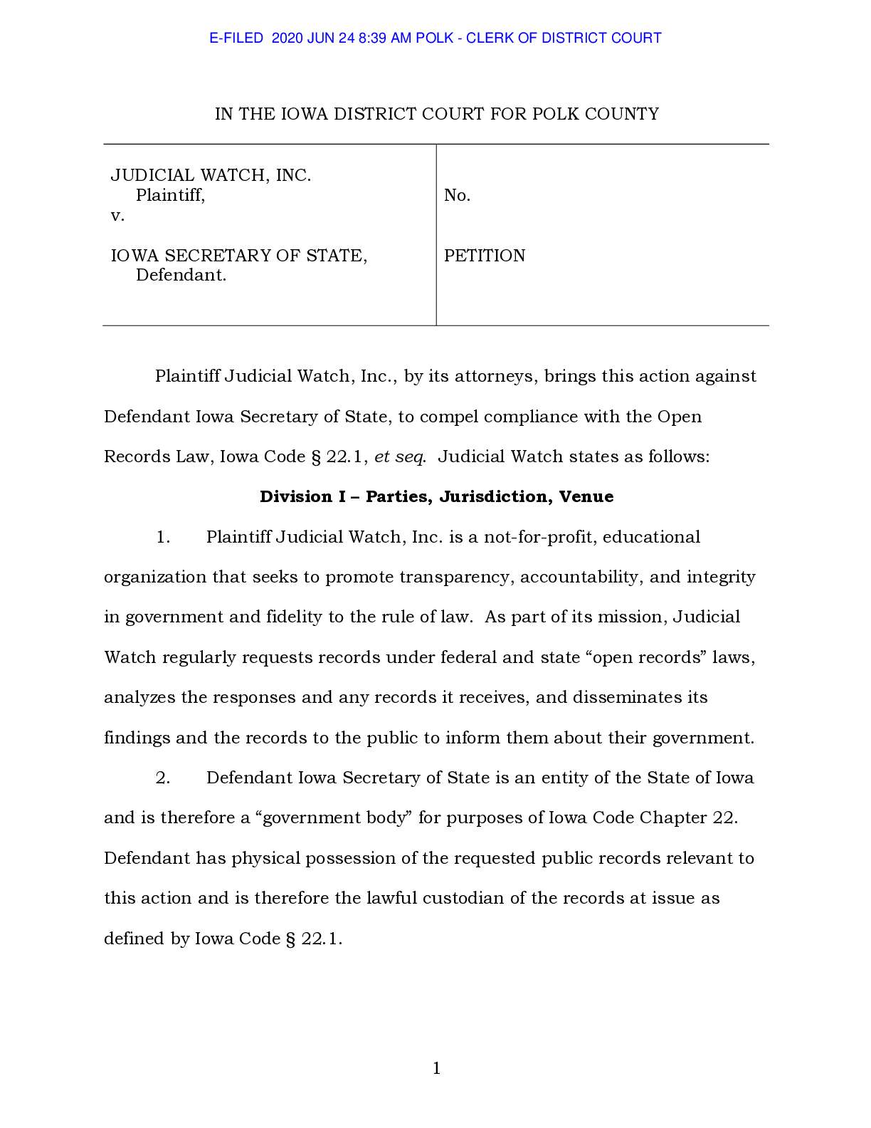 JW v Iowa Sec State petition EQCE085973