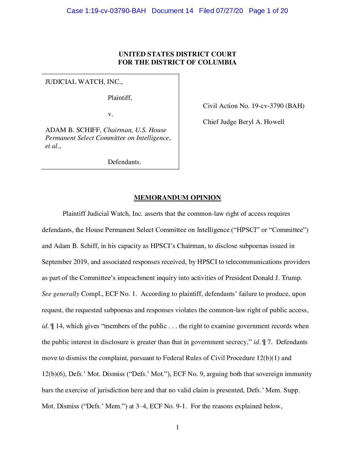 Memorandum Opinion Adam Schiff Intel. Committee