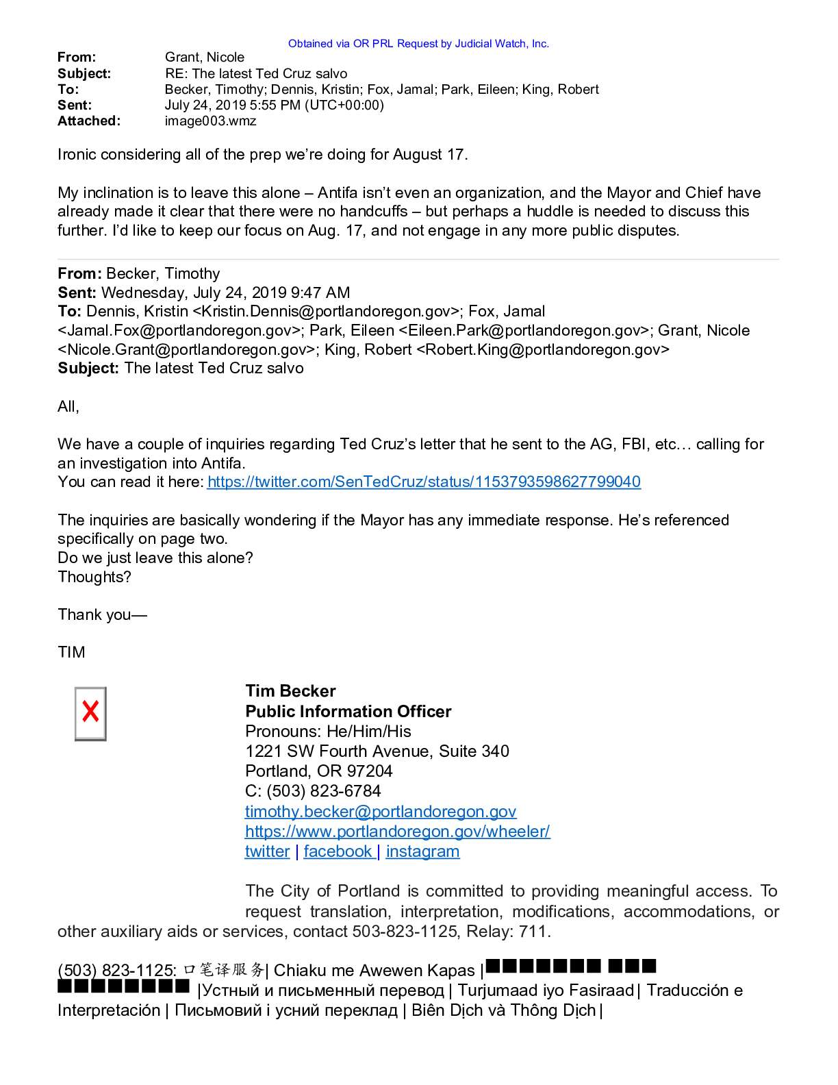 Portland Mayor Ted Wheeler communications BLM Anti...