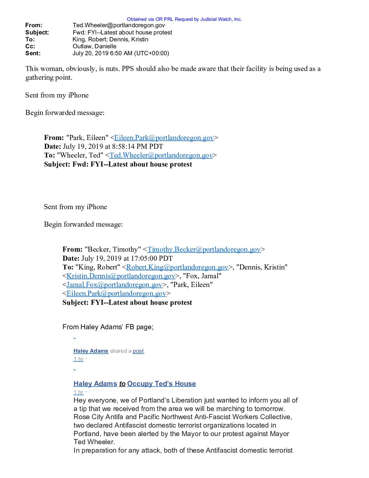 Portland Mayor Ted Wheeler communications BLM Anti...