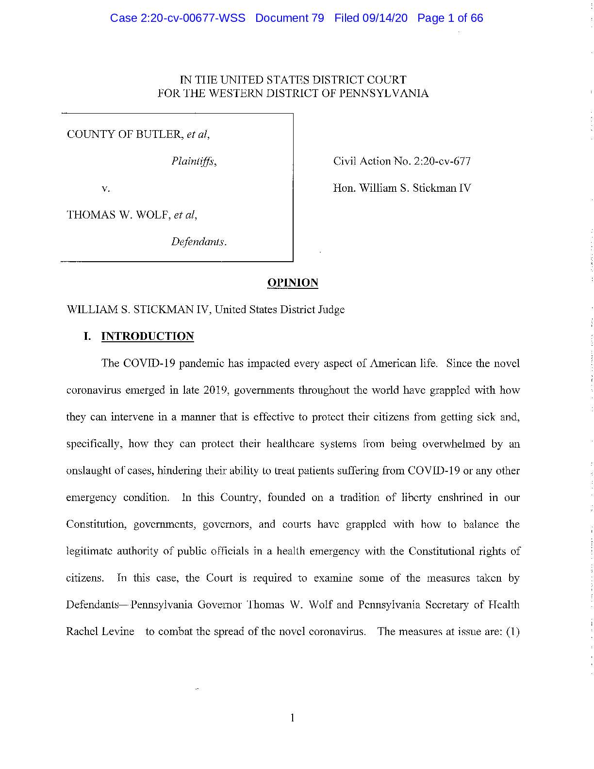 Federal Court Ruling Finding Pennsylvania Coronavirus Restrictions Unconstitutional: County of Butle...