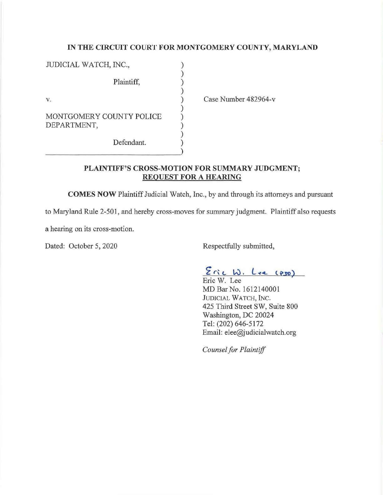 JW v. Montgomery Co Police Dept motion and memo 48...