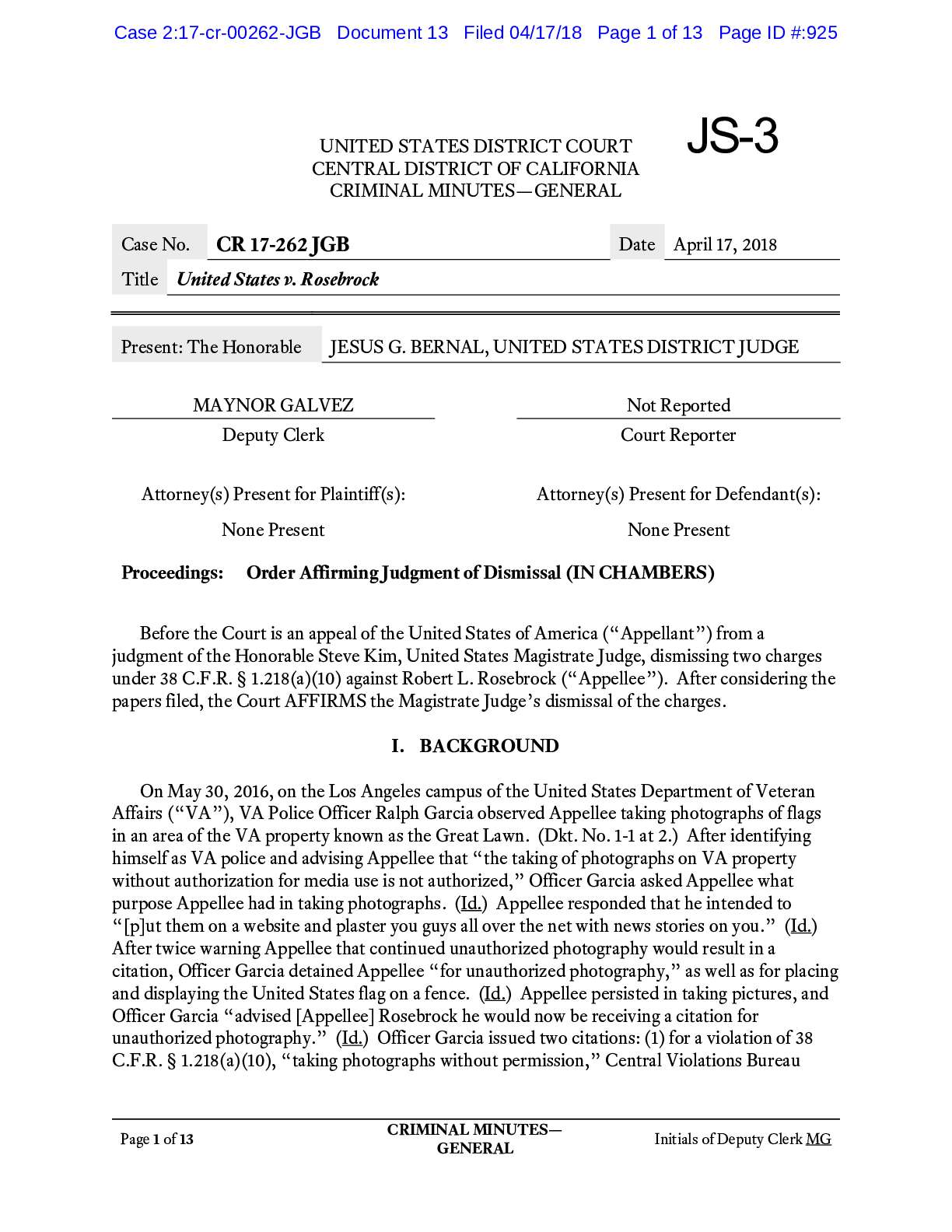 US v Rosebrock dismissal 17-262