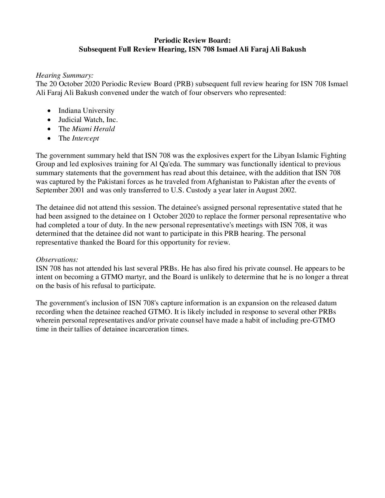 ISN 708 Ismael Ali Faraj Ali Bakush PRB Summary
