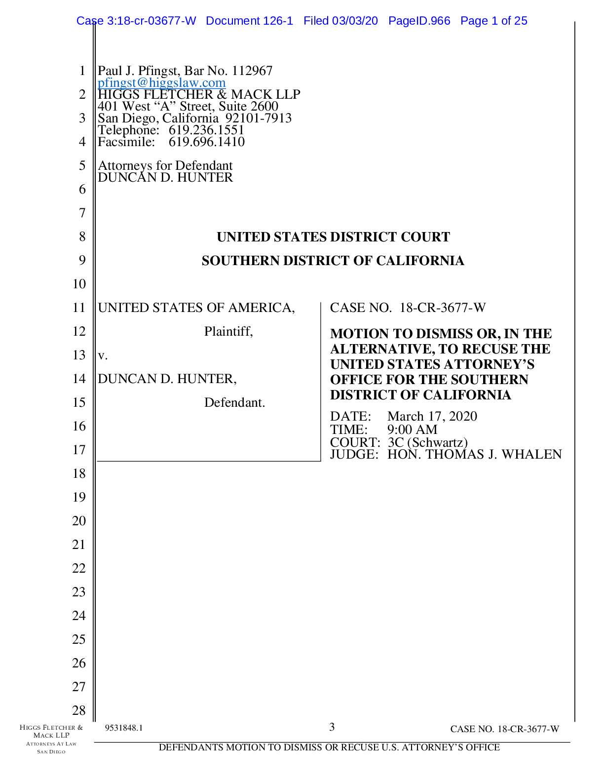 USA v Duncan Hunter MTD 3677
