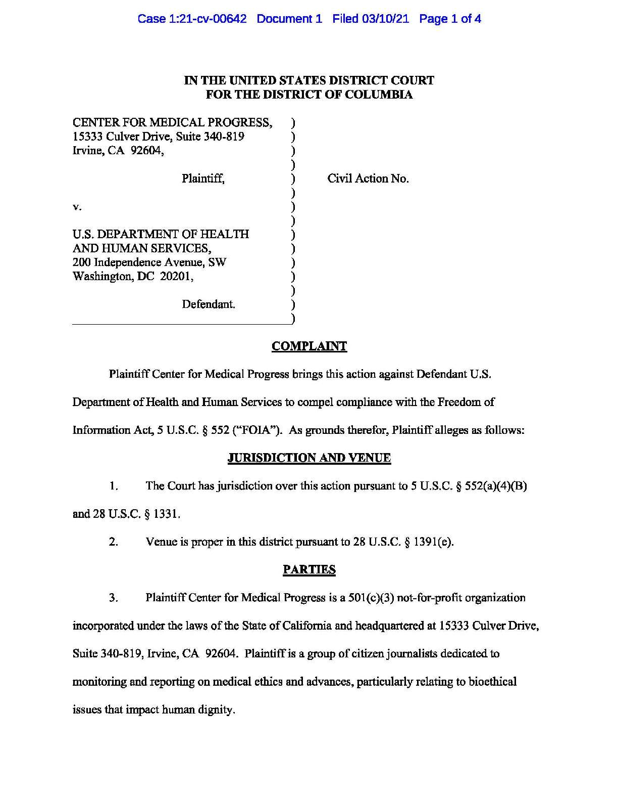 CMP v HHS fetal tissue complaint 00642