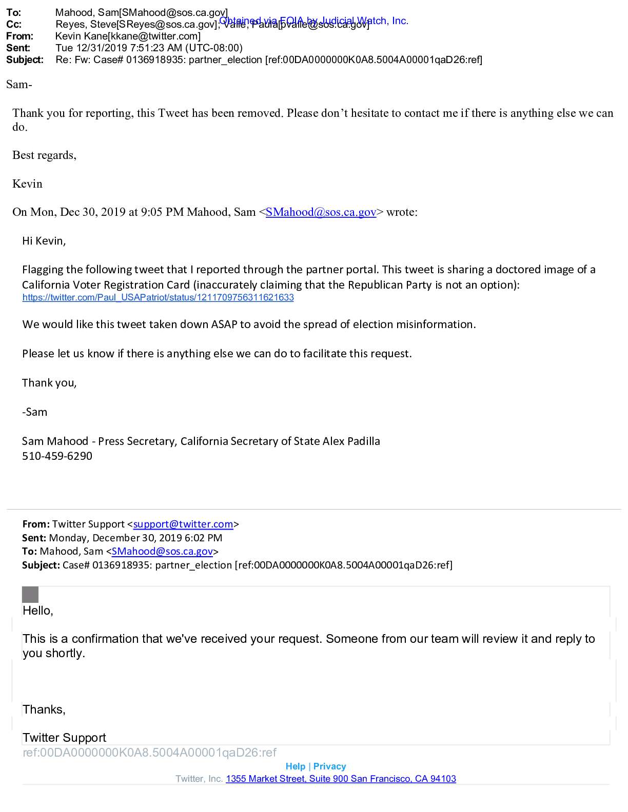 CA SoS Big Tech Election Misinformation PRA FOIA 2...