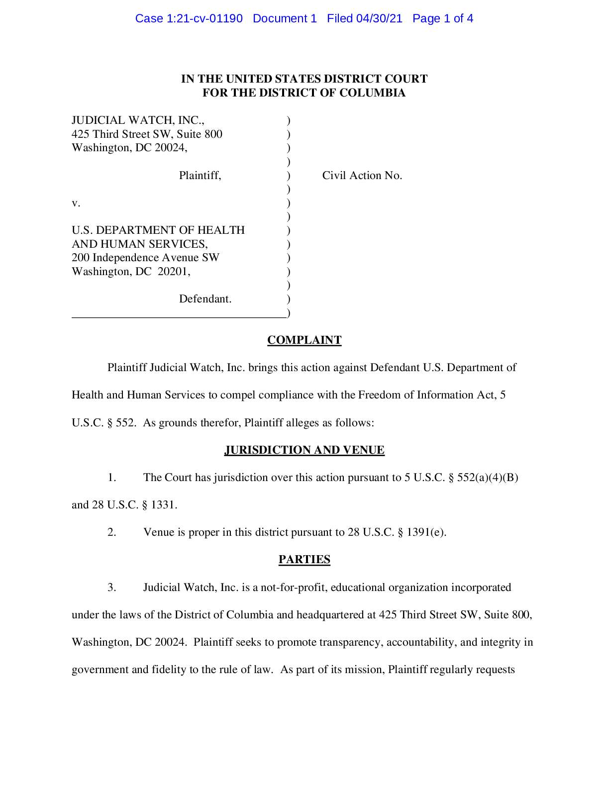 JW v HHS UACs complaint 01190
