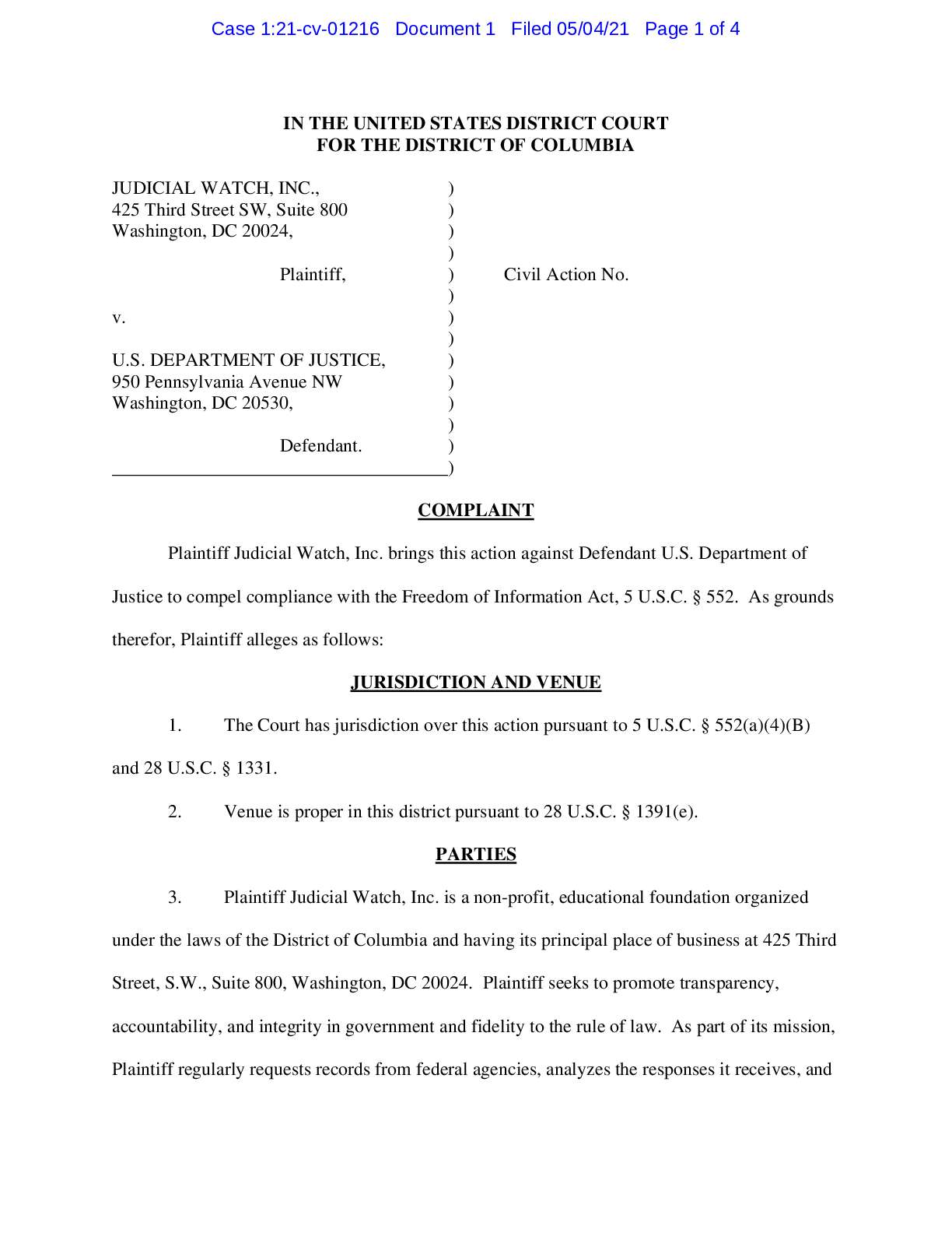 JW v DOJ Jan 2021 bank requests complaint 01216