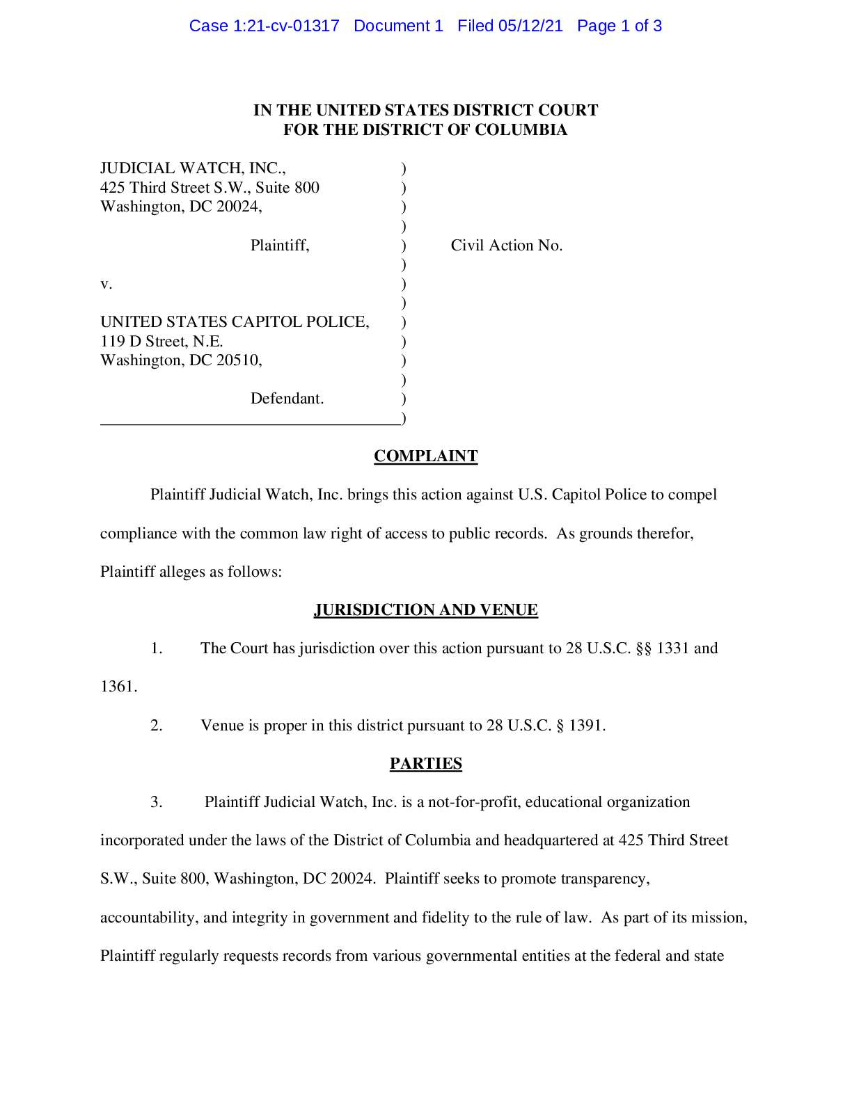 JW v Capitol Police AOC complaint 01317