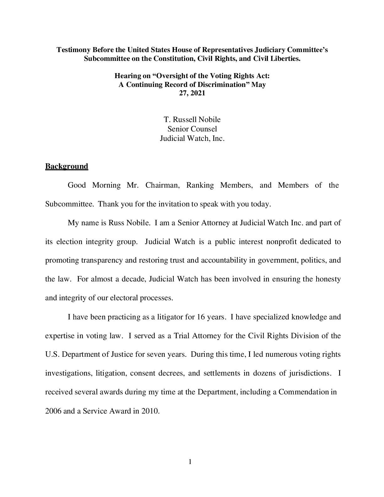 Nobile Testimony Voting Rights Act May 2021