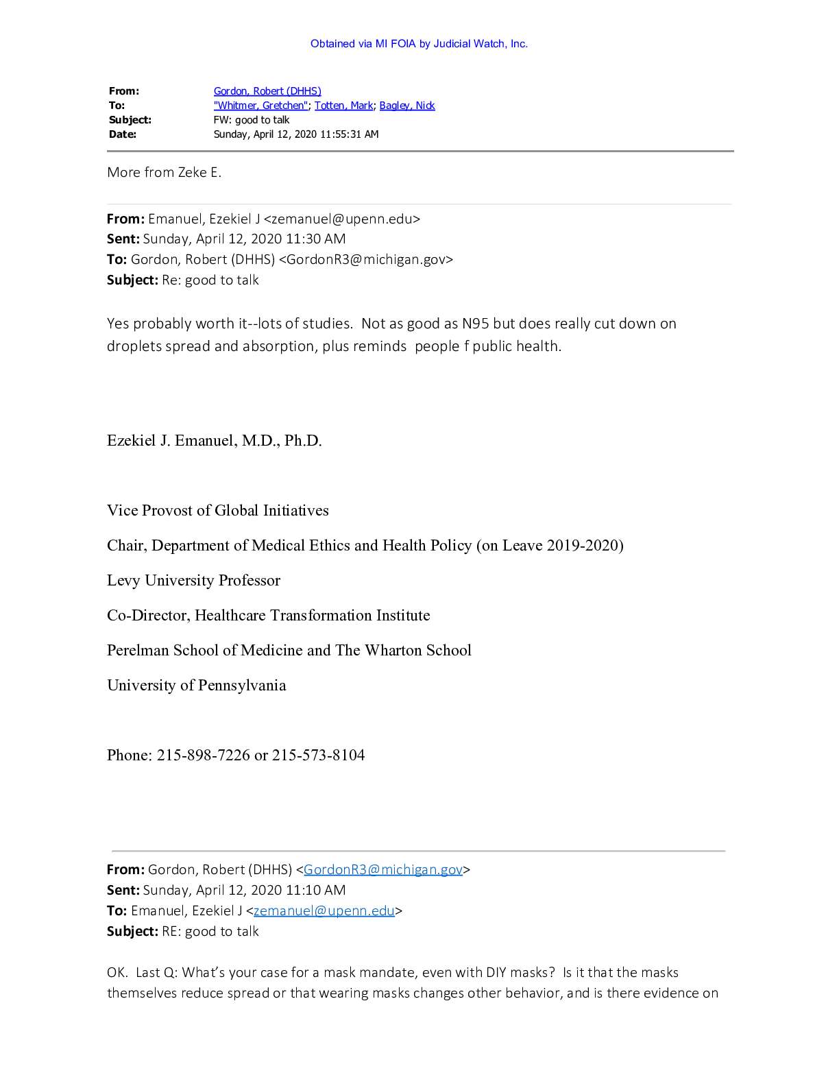 Michigan Health Director Robert Gordon April 2021 pgs 872-874