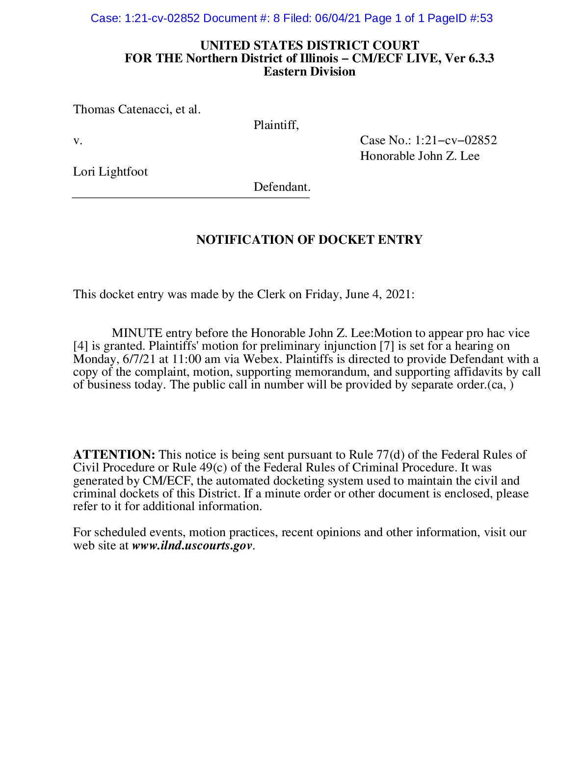 Catenacci et al v Lightfoot Order 02852