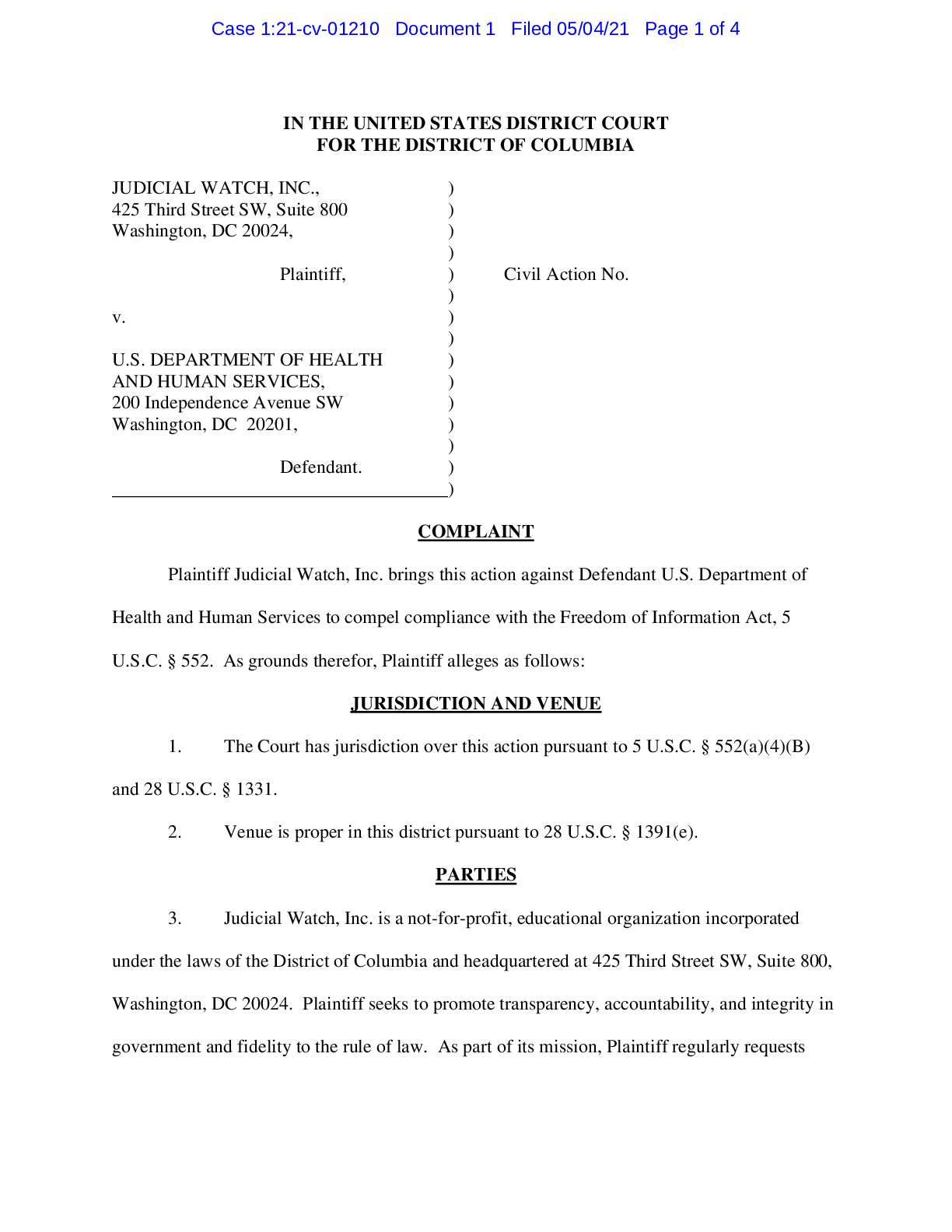 JW v. HHS Redfield NY COVID Deaths complaint 01210