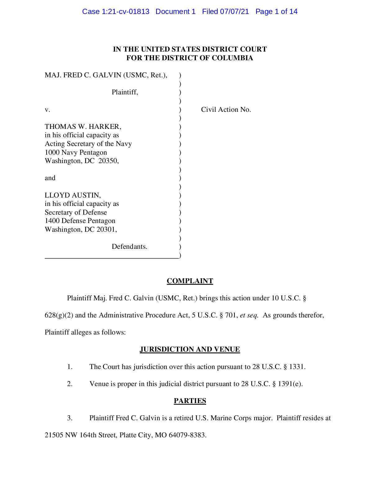 Maj. Fred Galvin v Thomas Harker complaint 01813