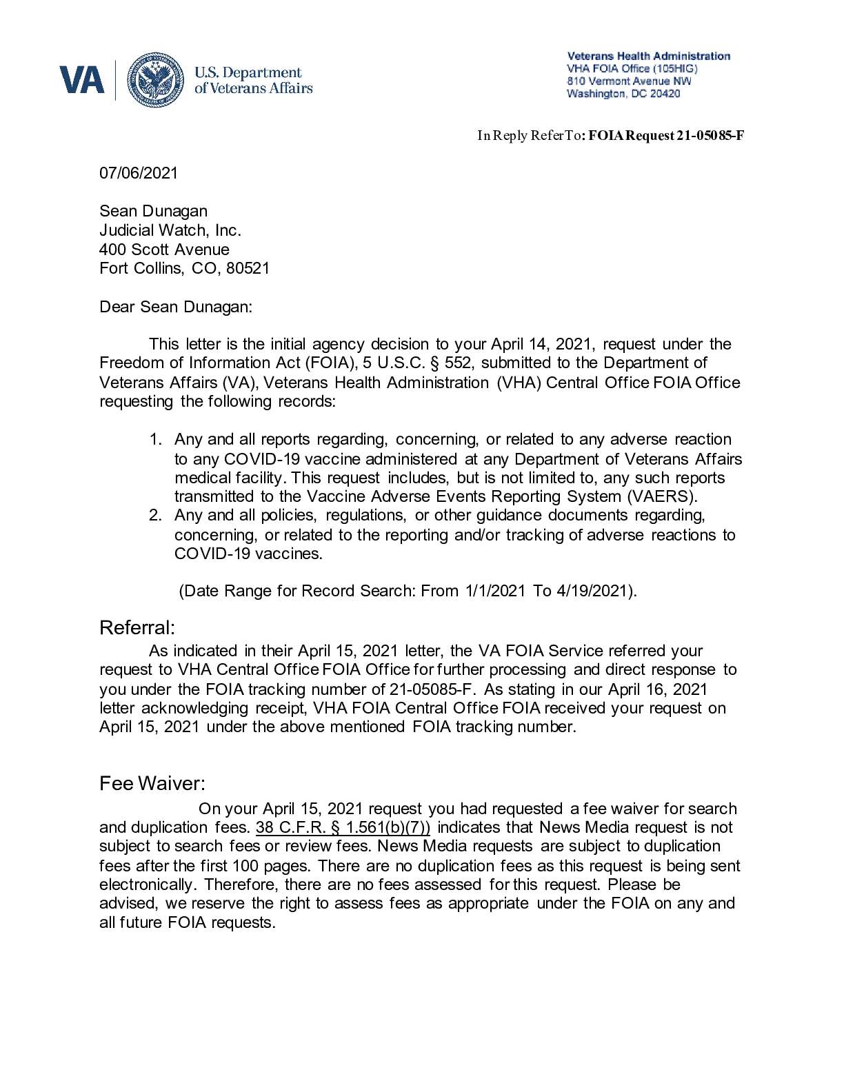 Veterans Affairs COVID July 2021 FOIA