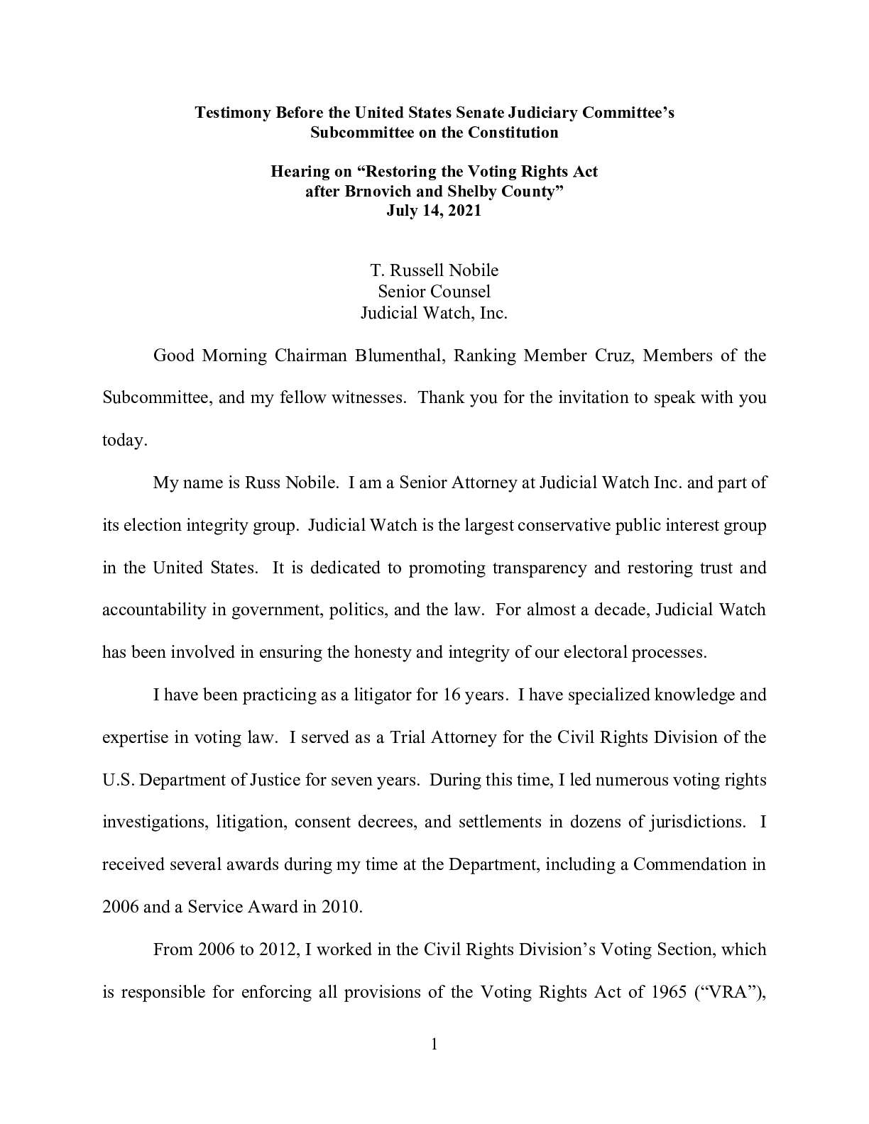 Nobile July 2021 VRA Senate Testimony